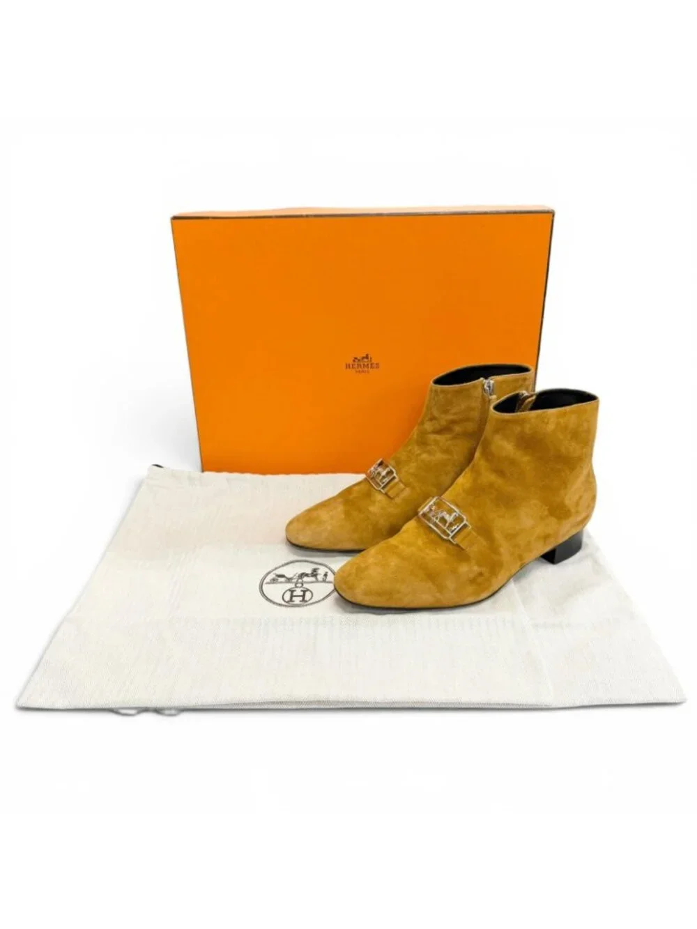 Hermes Suede Leather Carriage Logo Side Zip Short Boots Ankle Camel Brown